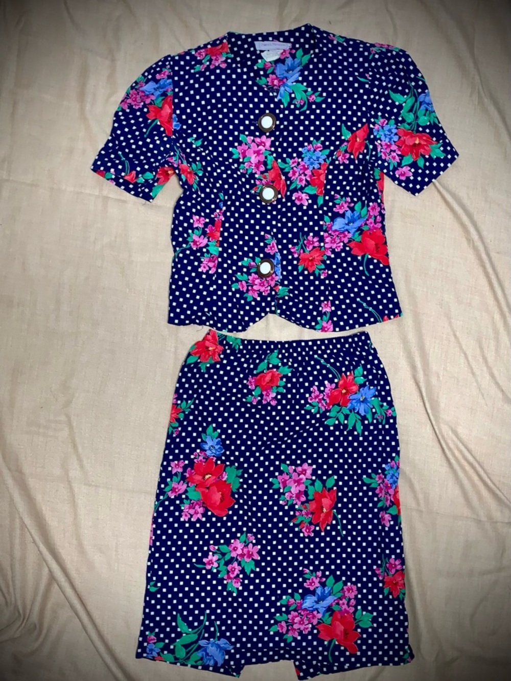 Vintage Sweet Miranda 2 Piece Matching Set Size 10P Navy Floral Polka Dot USA